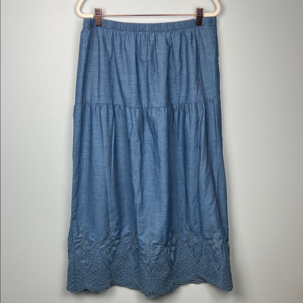 Collections etc. large cotton blend chambray embroidered midi skirt